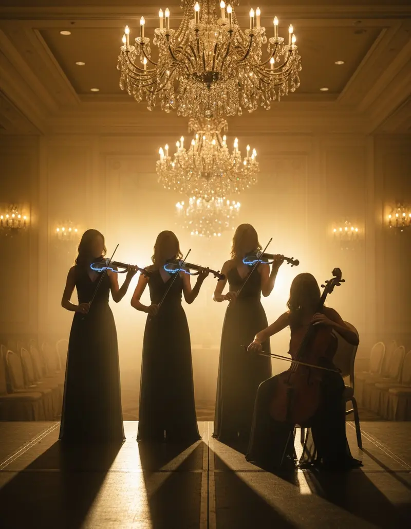 Electric string quartet performing on a hotel ballroom stage