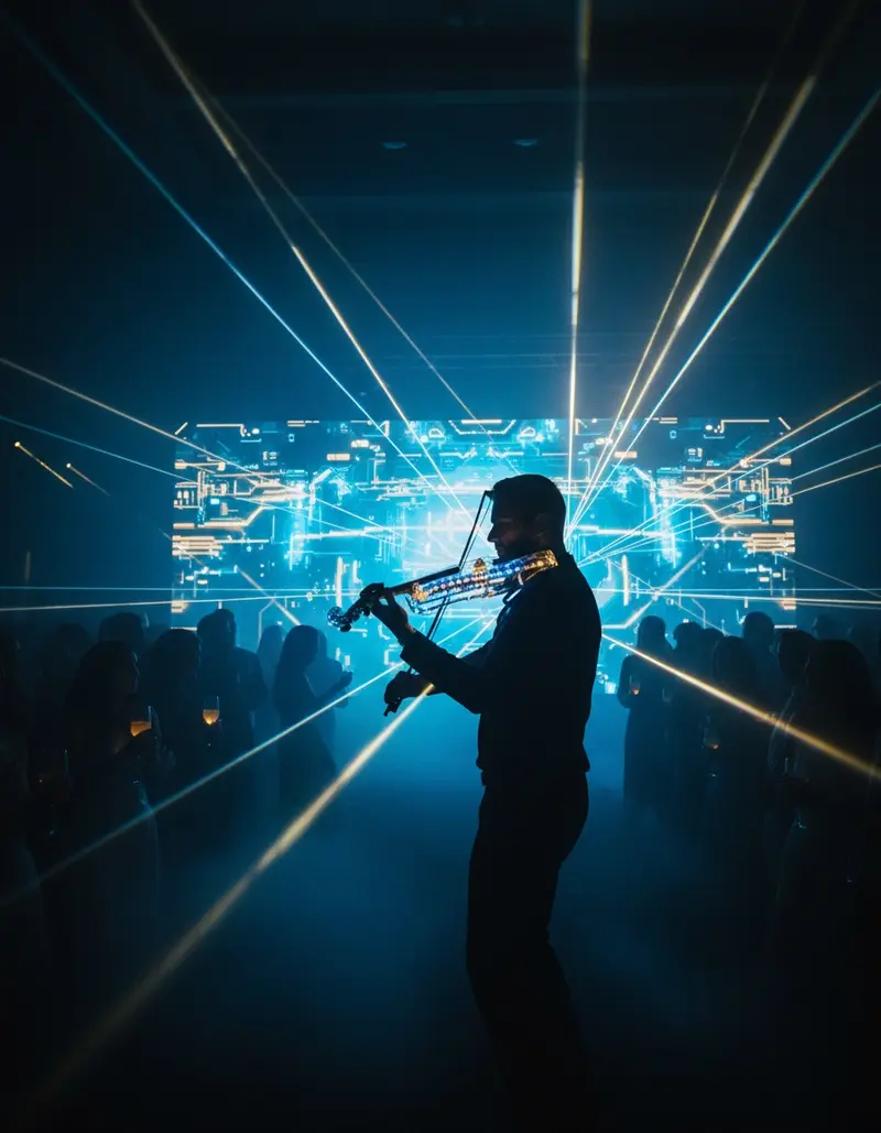 Electric violinist playing an LED violin on stage with laser lights