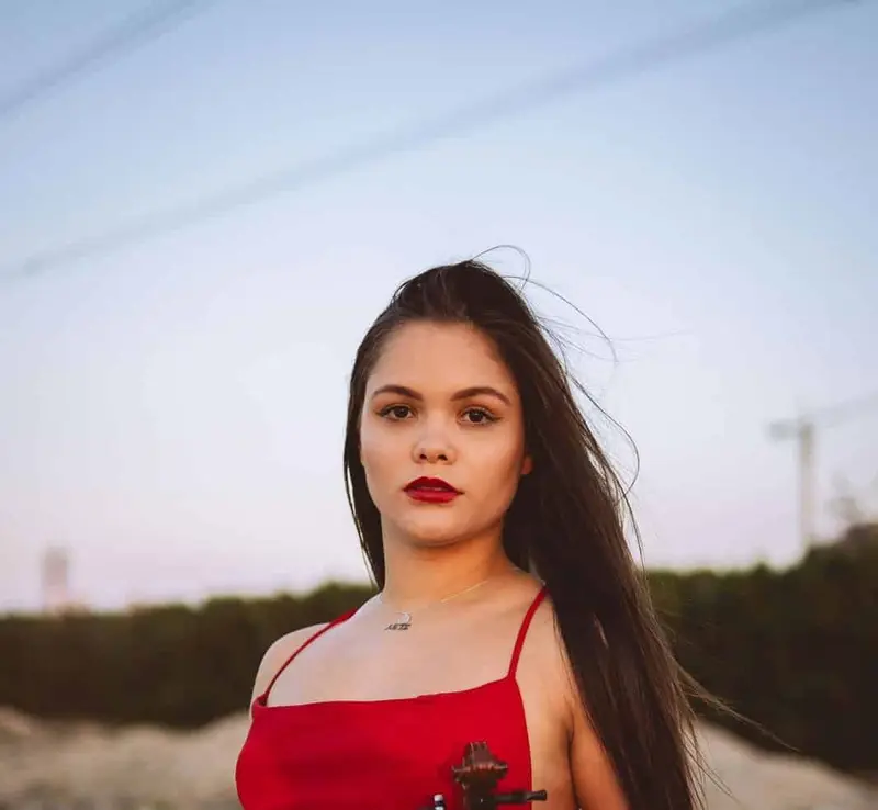 Female violinist in a red dress in the desert at sunset