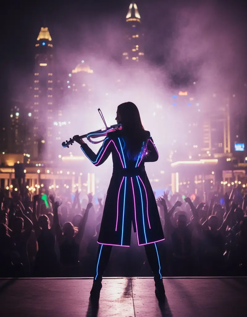 Pop violinist in an LED outfit playing electric violin at a Dubai party