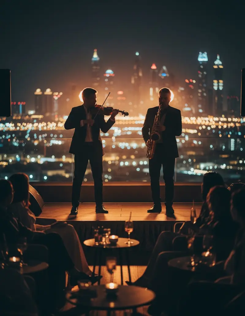 Violin and saxophone duo performing at a Dubai rooftop lounge