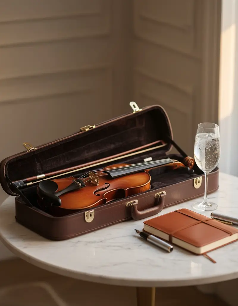Violin in its case beside a planning notebook for booking a violinist