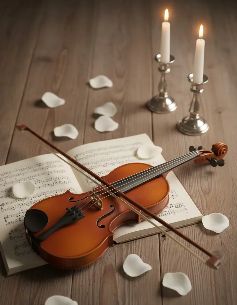 Violin on wedding sheet music with white rose petals
