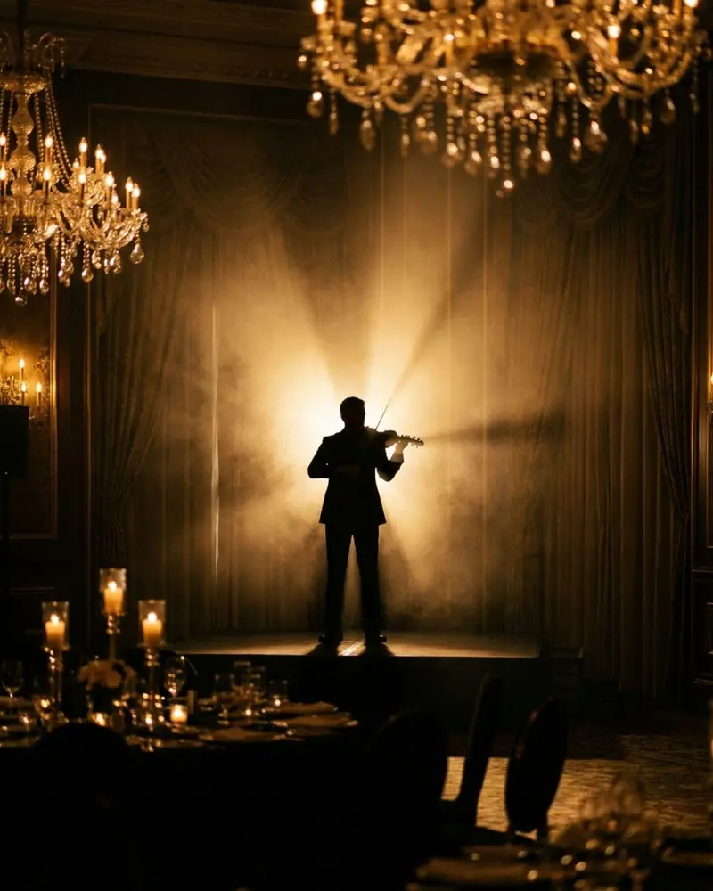 Violinist on stage at a corporate gala dinner in a hotel ballroom