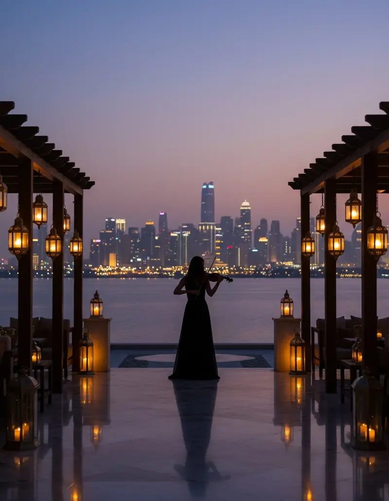 Violinist performing on a beachfront terrace in Abu Dhabi at dusk