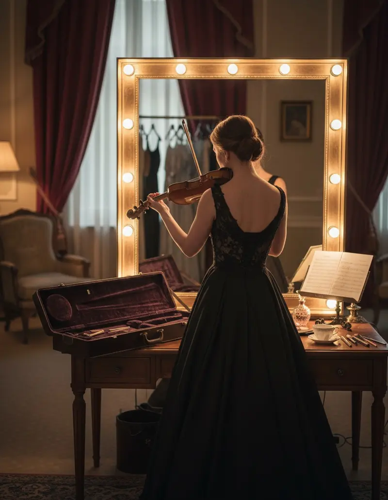 Violinist warming up backstage before a hotel event