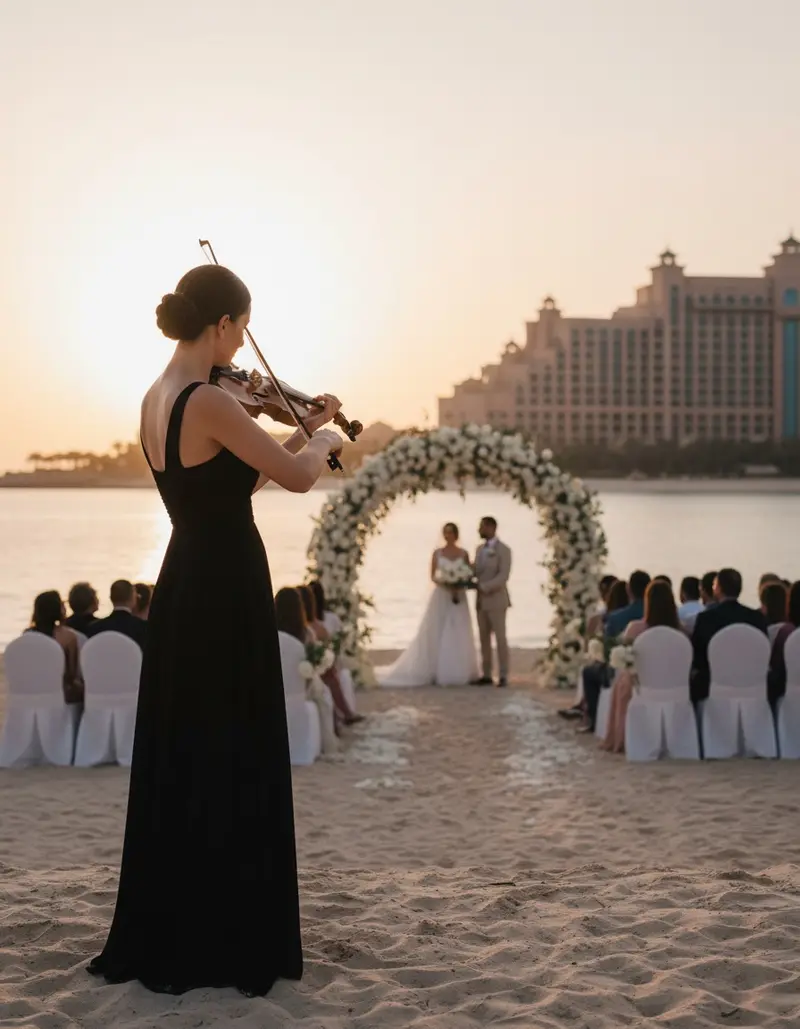 Wedding violinist playing at a beach ceremony in Dubai at sunset